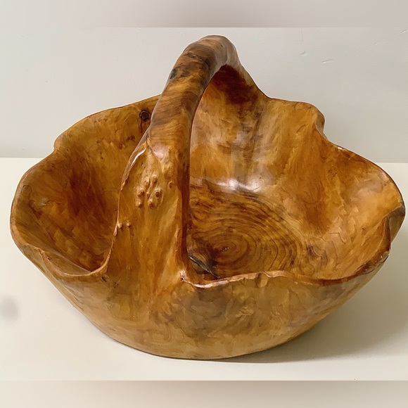 Mid Century Vtg Artisan Hand Carved Solid Tree Burl Wooden Fruit Bowl Basket - Picture 7 of 16